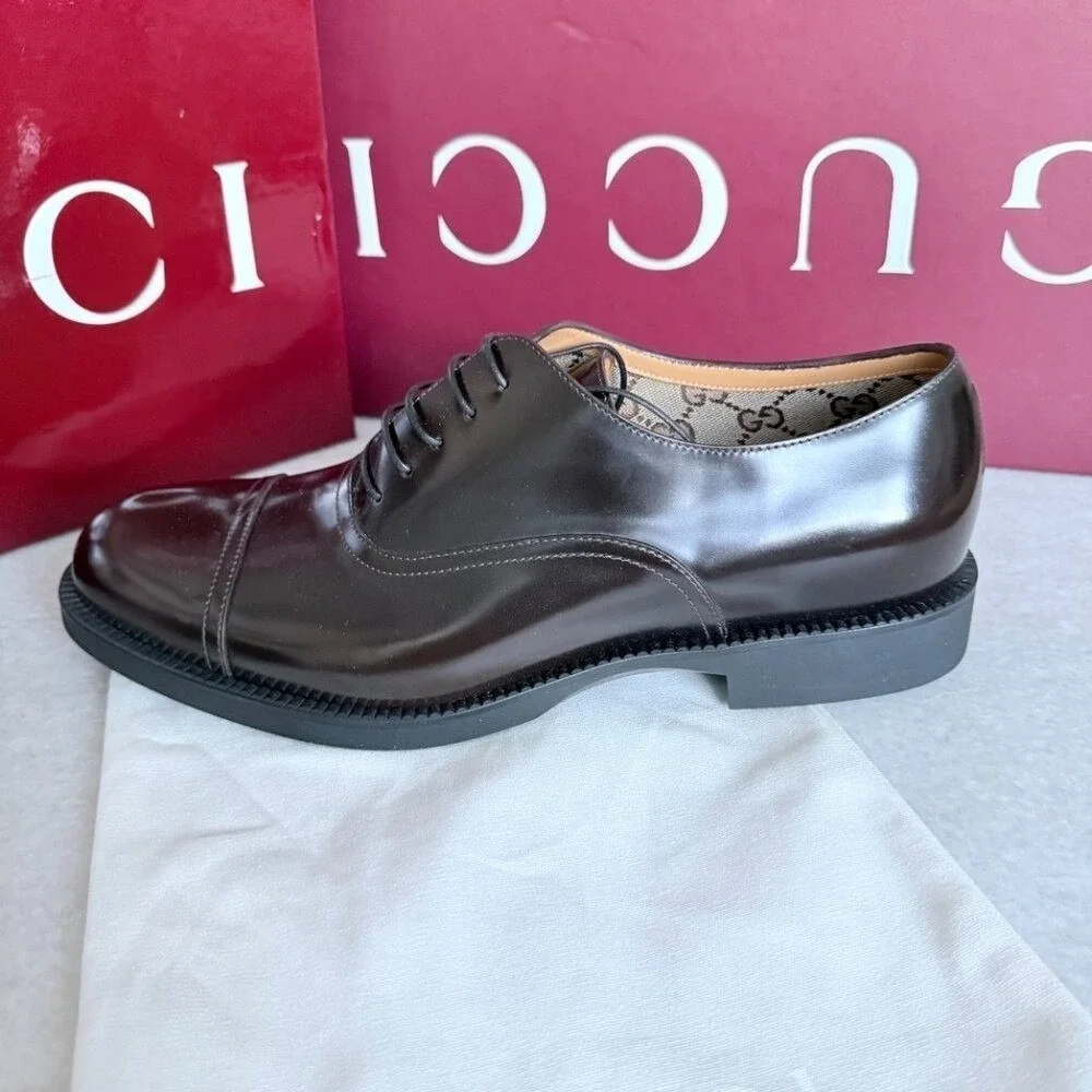 Gucci 812153 Mens Tempe‎ Cap-Toe Dark Brown Leather Oxford Shoes, UK8. US 8.5